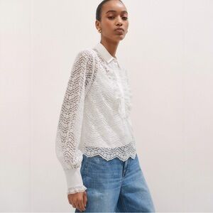 ME+EM Lace Cropped Shirt Size 4 White Ruffle Blouse Top Feminine